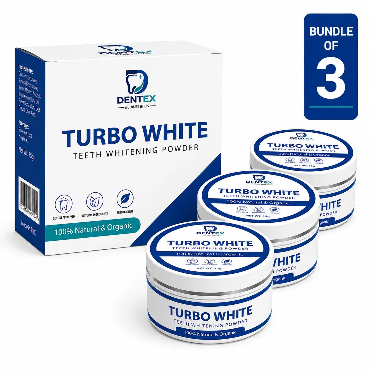 Dentex Turbo White teeth whitening powder Pack Of three jars packaging