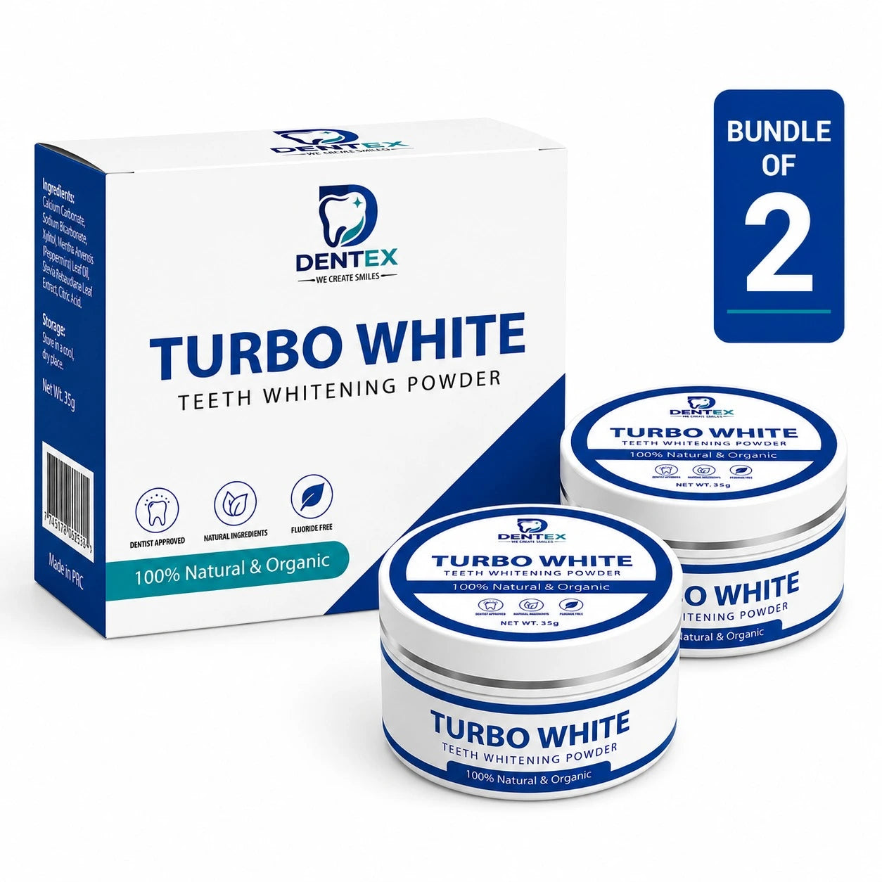 Dentex Turbo White teeth whitening powder two jars  packaging  