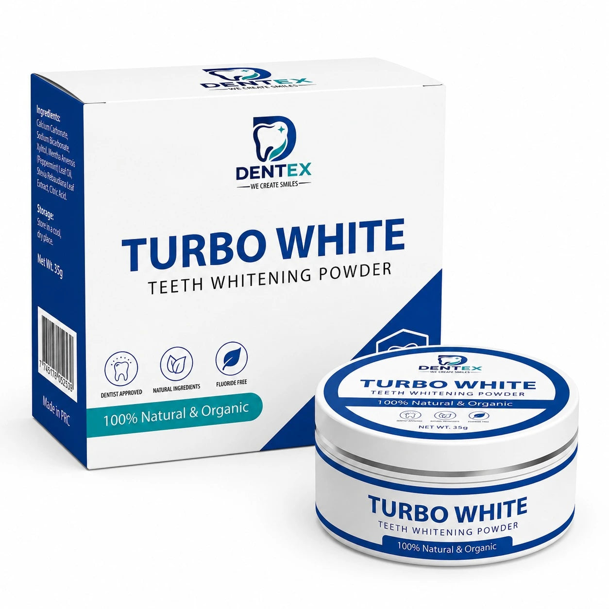 Dentex Turbo White teeth whitening powder  single jar packaging 